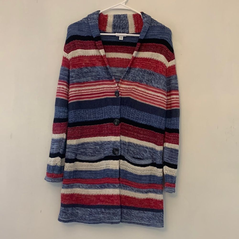 J Jill red white blue long button front sweater Size XSP